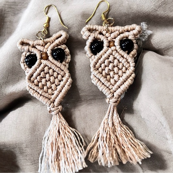 Owl macrame earrings 70s vibes Macrame Wood Hypoallergenic Ear wires Adorable - Picture 6 of 15